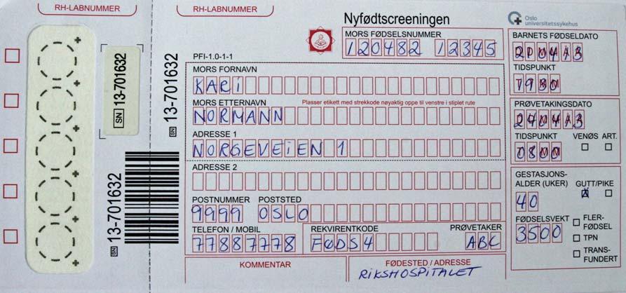 2. Veiledning til deg som rekvirerer blodprøven Screeningprøven Prøven tas på Nyfødtscreeningens prøvekort som består av en prøvedel med filterpapir innrammet av papp, og en rekvisisjonsdel for