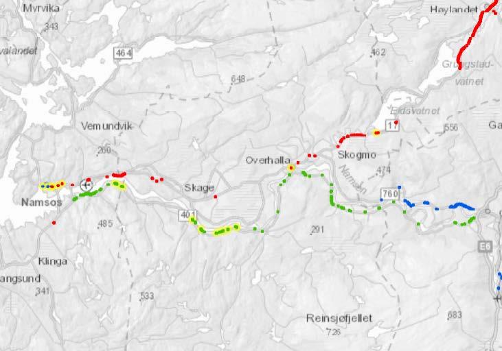 Noen av strekningene på fv. 401 og fv. 17 har i dette området oftere enn forventet vært oversvømt ved stor vannføring i Namsen.