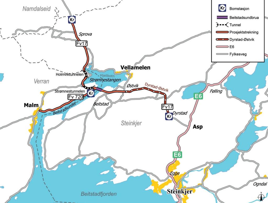 Kartet under viser hvilke strekninger som skal bygges og hvor bomsnittene vil plasseres i Fv. 17- prosjektets første trinn Figur 22 Kart over fv. 17/ fv.