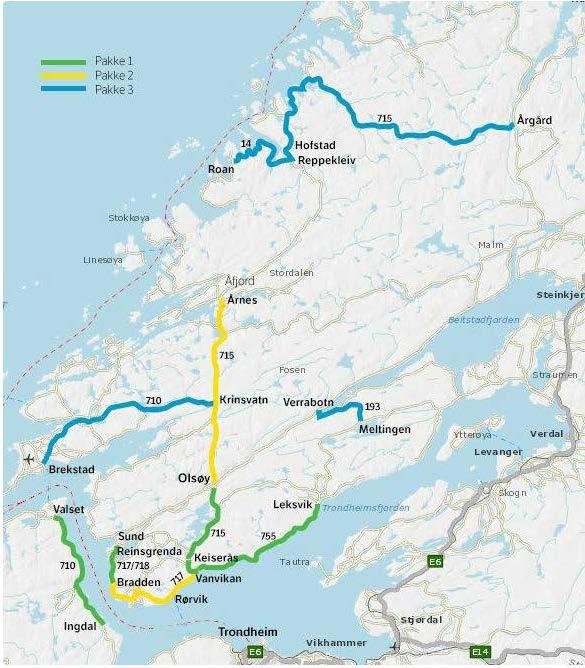 Figur 23 Bompengeprosjektet Fosenvegene med 18 delprosjekt fordelt på 3 utbyggingspakker «Fiskevegen» fv. 17/fv. 770 i Grong, Høylandet, Nærøy og Vikna kommuner.