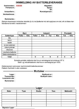 11 Innmelding, dokumenter og transportregelverk 11.1 Innmelding av batterileveranser og samlenota Innmelding av batterileveranser kan gjøres enten over telefon eller elektronisk.