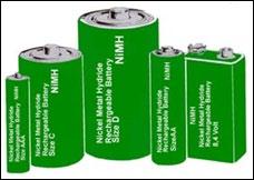 NiMH-battericeller: Sylinderformede battericeller Battericeller på 1,2 V samt batterier på 8,4 V og 7,2 V forekommer i de vanligste konsumentypene som svarer til husholdningsbatteriene.