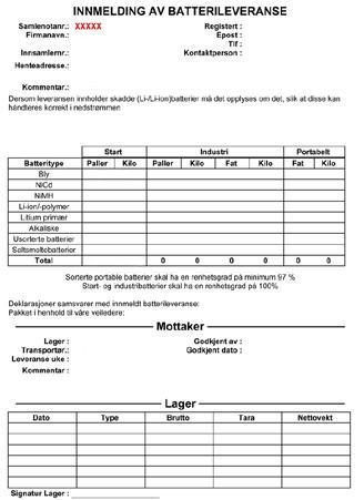 10 Innmelding, dokumenter og transportregelverk 10.1 Innmelding av batterileveranser og samlenota Innmelding av batterileveranser kan gjøres enten over telefon eller elektronisk.