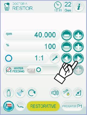 Hvert program lagrer følgende data: - driftsmodus, - maksimal rotasjonshastighet / dreiningmomentets verdi, - av/på optisk fiber, - lysregulering av det optiske fiberet, - on/off snu