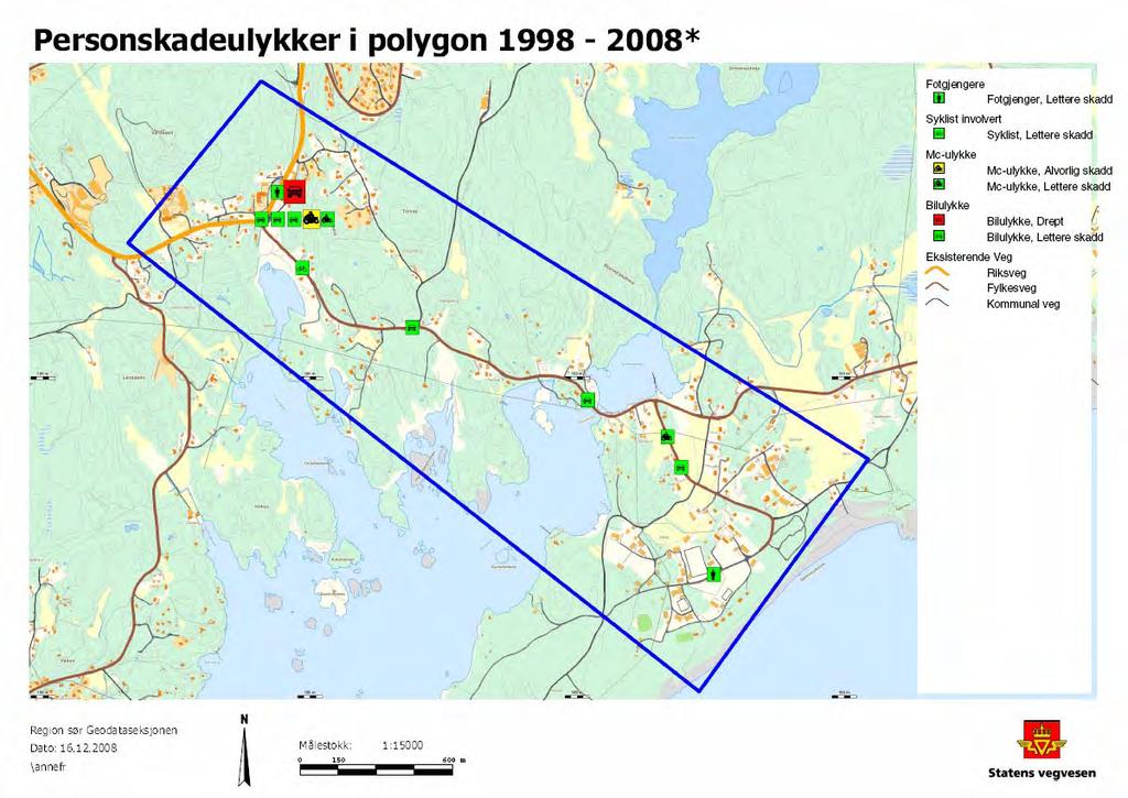 Figur 2.1.1 Registrerte personskadeulykker i vegdatabanken siste 10 år (1998-2008) Figur 2.1.1 viser at det har vært hele 5 ulykker på rv. 409 i Færvik-krysset med personskade.