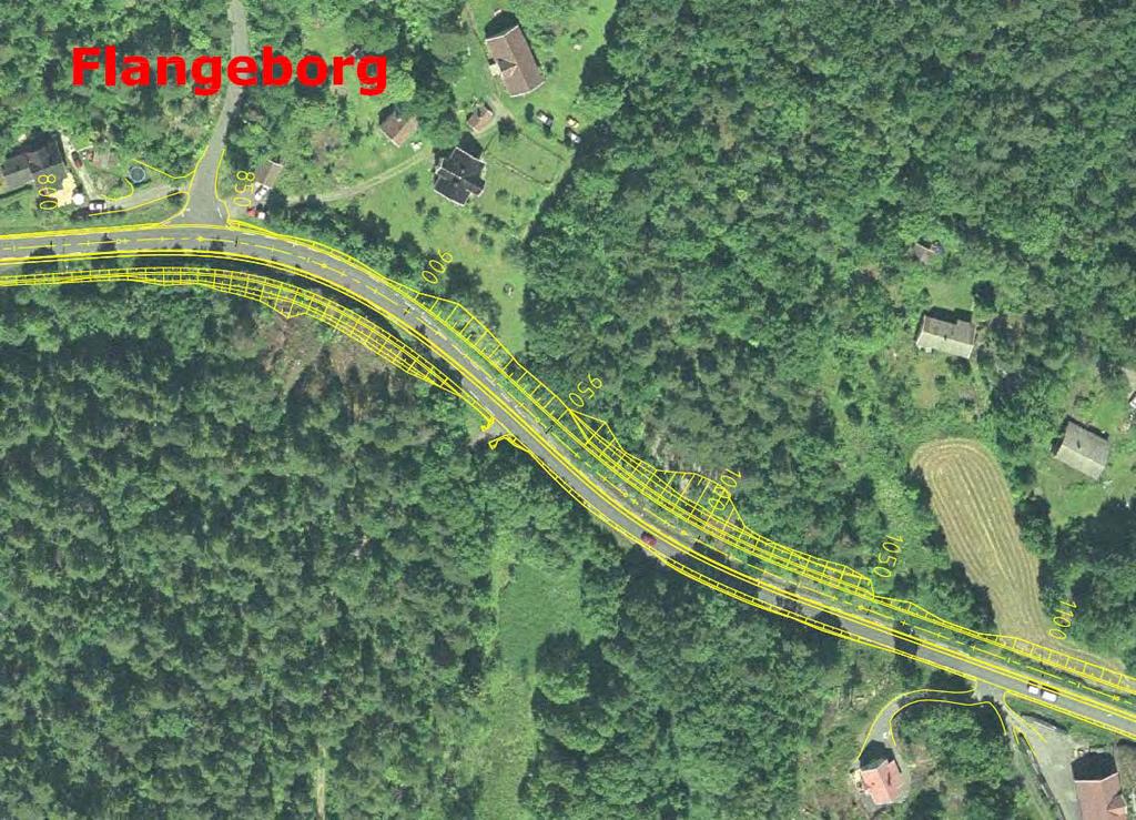 Figur 5.2.6 Geometri planforslag: Fv. 192 profil 800-1100 I innerkurven etter Flangeborgkrysset vil dagen skjæring utvides og den kan på det høyeste bli maks 10m høy.