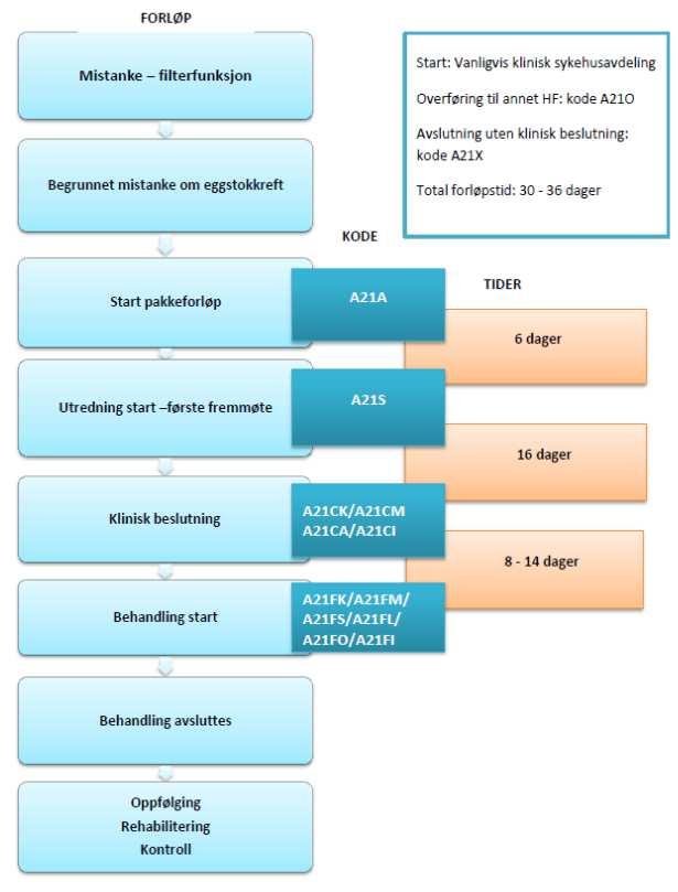 Figur 1. Flytskjema pakkeforløp (Helsedirektoratet, 2016) Oppfølging inkluderer kontroller hos fastlege og/ eller i spesialisthelsetjenesten samt handtering av eventuelt tilbakefall.