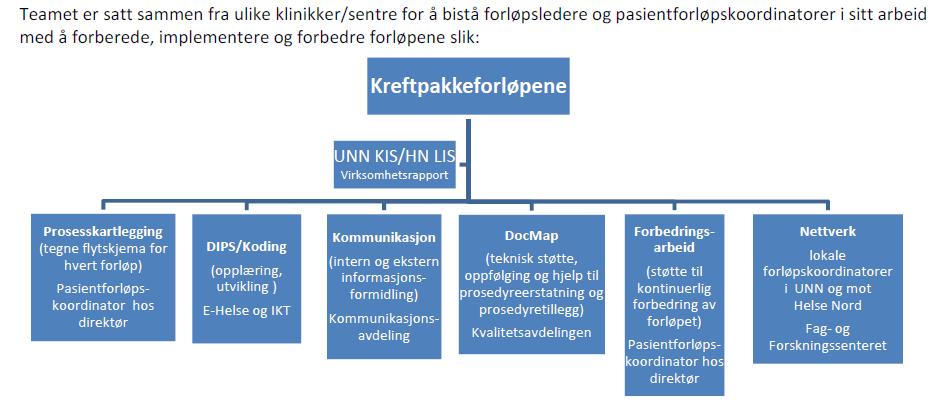 Figur 4. Oversikt over teamets arbeidsoppgaver knyttet til kreftpakkeforløpene i UNN. Kilde: Prosjektbeskrivelse overordnet implementering av kreftpakkeforløp ved UNN 14.4.2015 Implementeringsplanen beskrev videre prosessene og oppgavene som skulle gjennomføres for at kreftpakkeforløpene skulle bli forutsigbare med god flyt.