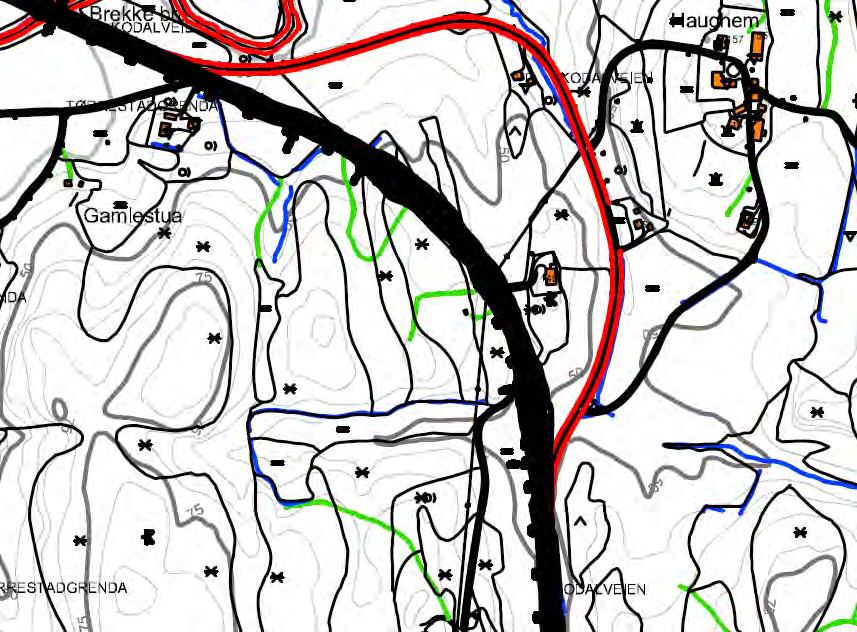 8 Omlegging av vegen i området Gamlestua/Haughem/Bergan Gamlestua Foreslått ny trasé Dagens veg Bergan Figur 4: Omlegging av vegen i området Gamlestua/Haughem/Bergan Figuren viser ny trasé for