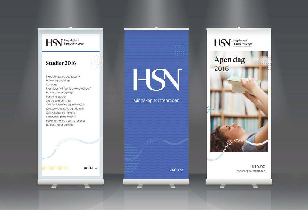 HSN Visuell identitet: Profilmanual Profilen i bruk: Stands og roll-ups 59 Utstilling og roll-up Høgskolen deltar i ulike arrangementer hvor det kan være behov for roll-up, bannere og plakater.