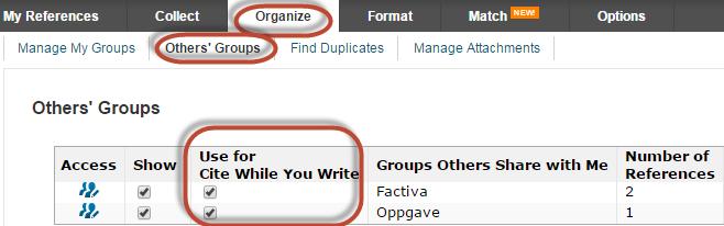 Bruk av Cite While You Write en delt gruppe Før du kan legge referanser inn i en gruppe som er delt med deg må du sette dette opp i