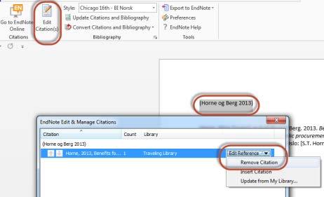 Marker siteringen du ønsker å slette 2. Klikk Edit Citations 3.