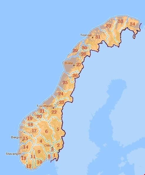 Figur 11. IUA region inndeling (Kystverket, 2013). Hver region har egen beredskapsplan som er godkjent av SFT, Kystverket og DSB.