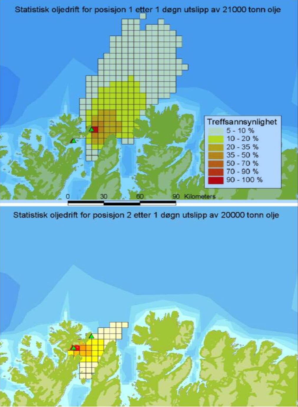 Figur 17 "Influensområder som viser sannsynlighet for oljeforurensning > 5 %, lokalitet 1 øverst og lokalitet 2 nederst. Utslippspunktene er markert med grønne trekanter" (Rambøll Norge AS, 2007, p.