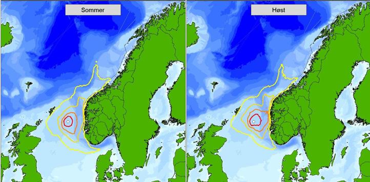 Figur 5: Influensområde for overflateutslipp i sommer- og høstsesongen. Influensområdene viser sannsynligheten for ankomst av mer enn 10 kg olje i mer enn 5% av enkeltsimuleringene.