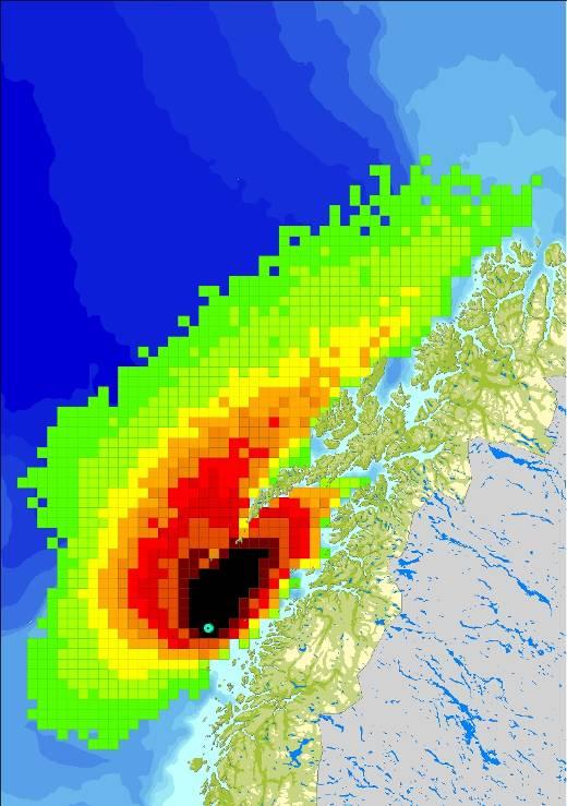 Sannsynlighet 50 døgn 4500 tonn/døgn 50 døgn 4500 200 tonn/døgn for treff av olje (%) Overflateutslipp - Nordland V Sjøbunnsutslipp - Nordland V Figur 3-4 Sannsynlighet ( 5 %)