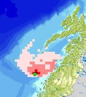 Total hydrokarbon (THC) konsentrasjon 14 døgn 35 tonn/døgn Overflateutslipp - Nordland V 14 døgn 4500 tonn/døgn 50 døgn 4500 tonn/døgn 50 døgn 4500 200 tonn/døgn Sjøbunnsutslipp - Nordland V Figur