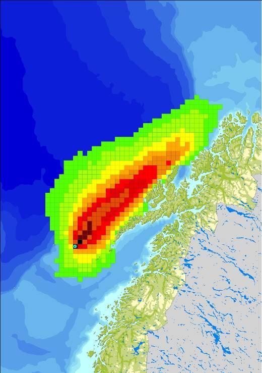 Sannsynlighet 2 døgn 4500 tonn/døgn 2 døgn 8500 tonn/døgn for treff av olje (%) Overflateutslipp - Nordland VI punkt 1 Sjøbunnsutslipp - Nordland VI punkt 1 Figur 3-14