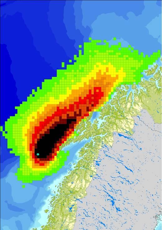 Sannsynlighet 50 døgn 4500 tonn/døgn 50 døgn 4500 200 tonn/døgn for treff av olje (%)