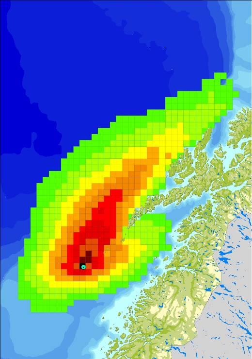 Sannsynlighet 2 døgn 4500 tonn/døgn 2 døgn 8500 tonn/døgn for treff av olje (%) Overflateutslipp - Nordland VI punkt 2 Sjøbunnsutslipp - Nordland VI punkt 2 Figur 3-17 Sannsynlighet