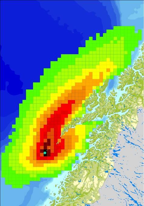 Sannsynlighet Nordland VI skipshavari for treff av olje (%) 4 døgn 15000 tonn/døgn Figur 3-18 Sannsynlighet ( 5 %) for