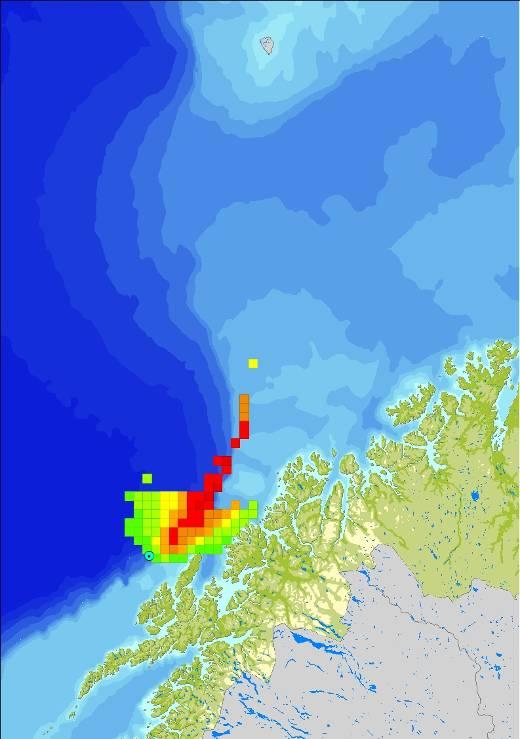 Sannsynlighet 2 timer 500 tonn/døgn 2 døgn 1000 tonn/døgn for treff av olje (%)