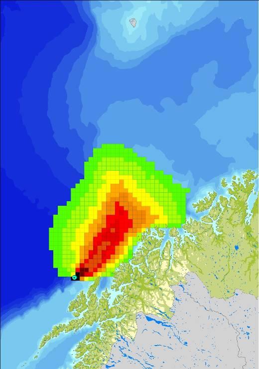 for treff av olje i 10 10 km gridruter gitt ulike utslippsscenarier fra henholdsvis overflaten