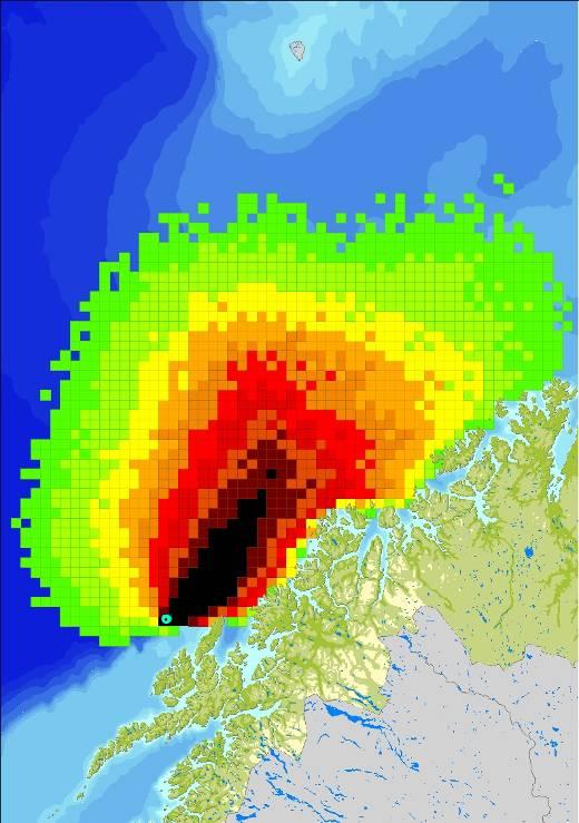 Sannsynlighet 50 døgn 4500 tonn/døgn 50 døgn 4500-200 tonn/døgn for treff av olje (%) Overflateutslipp - Nordland VII Sjøbunnsutslipp - Nordland VII Figur 3-37 Sannsynlighet ( 5