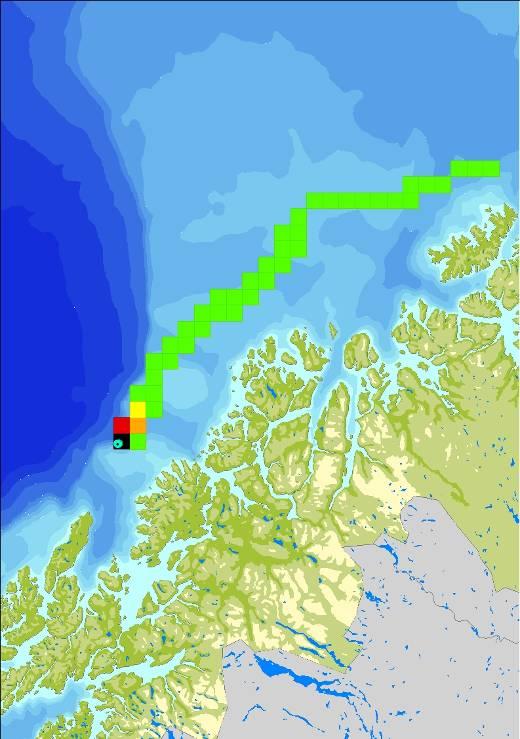 Sannsynlighet 50 døgn 4500 tonn/døgn 50 døgn 4500-200, tonn/døgn for treff av olje (%) Overflateutslipp Troms II Sjøbunnsutslipp Troms II Figur 3-48 Sannsynlighet ( 5 %)