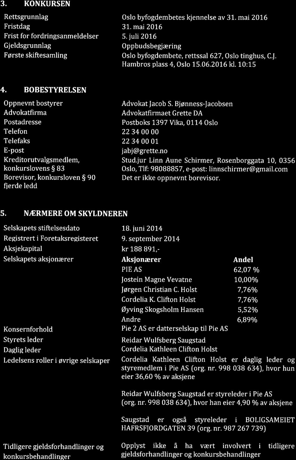 3. KONKURSEN Rettsgrunnlag 0slo byfogdembetes kjennelse av 31. mai2016 Fristdag 31. mai 2016 Frist for fordringsanmeldelser 5.