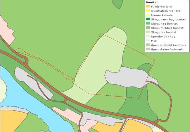 Side - 42 - av 85 Figur 16 Bonitetskart Effekt av hovedalternativet Området for skogbruk vil bli noe mindre. Det er ikke områder med dyrkbar mark innenfor planområdet.