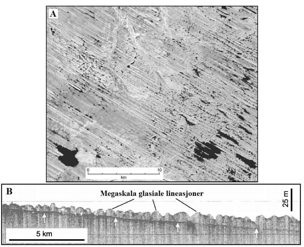 Kapittel 2 Bakgrunn Figur 2.12: A) MSGL-er sett ovenfra (Clark et al. 2003b). B) Profil av MSGL-er, modifisert fra Dowdeswell et al. (2004).