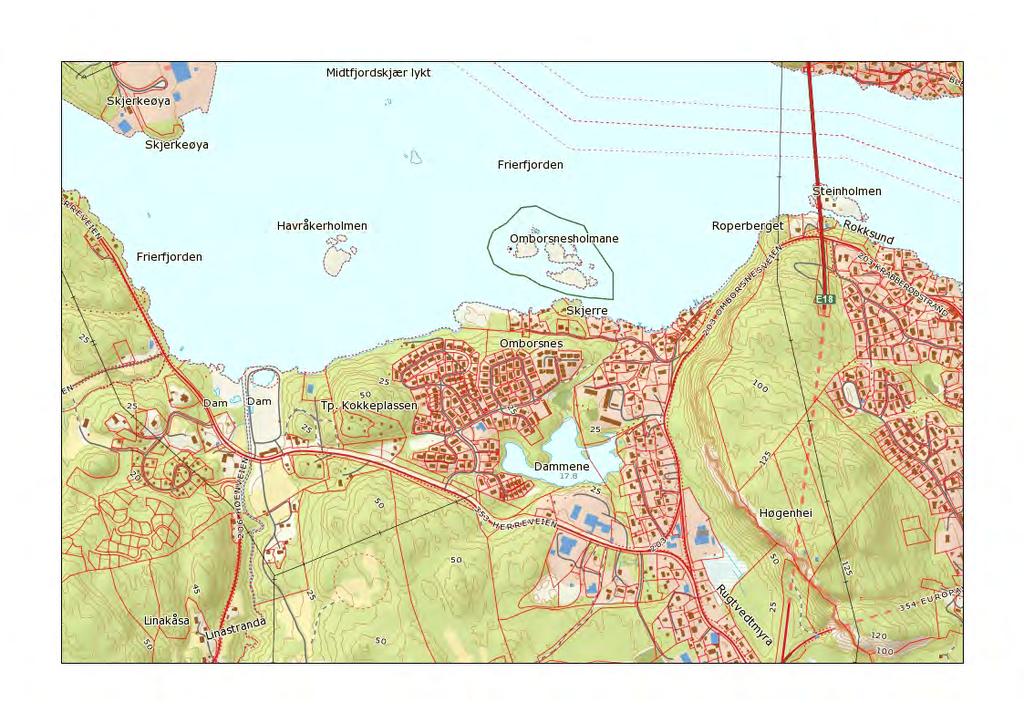 4. Omborgsnesholmane, Bamble kommune Omborgsnesholmane består av tre større og flere mindre holmer utenfor Omborgsnes i Bamble, rett innenfor Grenlandsbrua E18. Holmene er vegetasjonsrike.