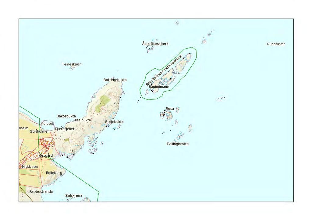 11. Raudholmane, Kragerø kommune Raudholmane er to idylliske holmer i de sjøfuglrike områdene nord for Stråholmen. Små rullesteinsstrender finnes på øya.
