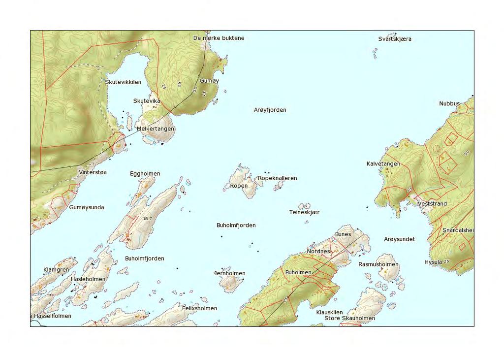 14. Ropen, Kragerø kommune Ropen består av en stor og en liten holme, og ligger utenfor Gumøy i Kragerø. Dette er en av to reservater som var bebygd av hytter.