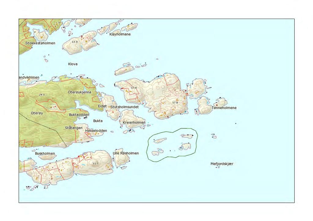 15. Stutsholmskjæra, Kragerø kommune Stutsholmskjæra er flere holmer med små skvalpeskjær på sørsiden av Stutsholmen, ut mot Jomfrulandsrenna.