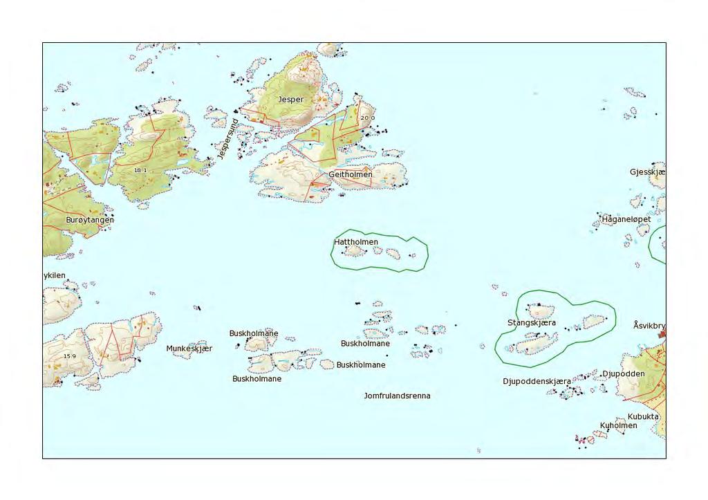 19. Hattholmane, Kragerø kommune Hattholmane består av en stor og to små holmer som ligger på utsiden av Skåtøy, ut mot Jomfrulandsrenna i Kragerø. Selve Hattholmen er en høy holme med bratte berg.