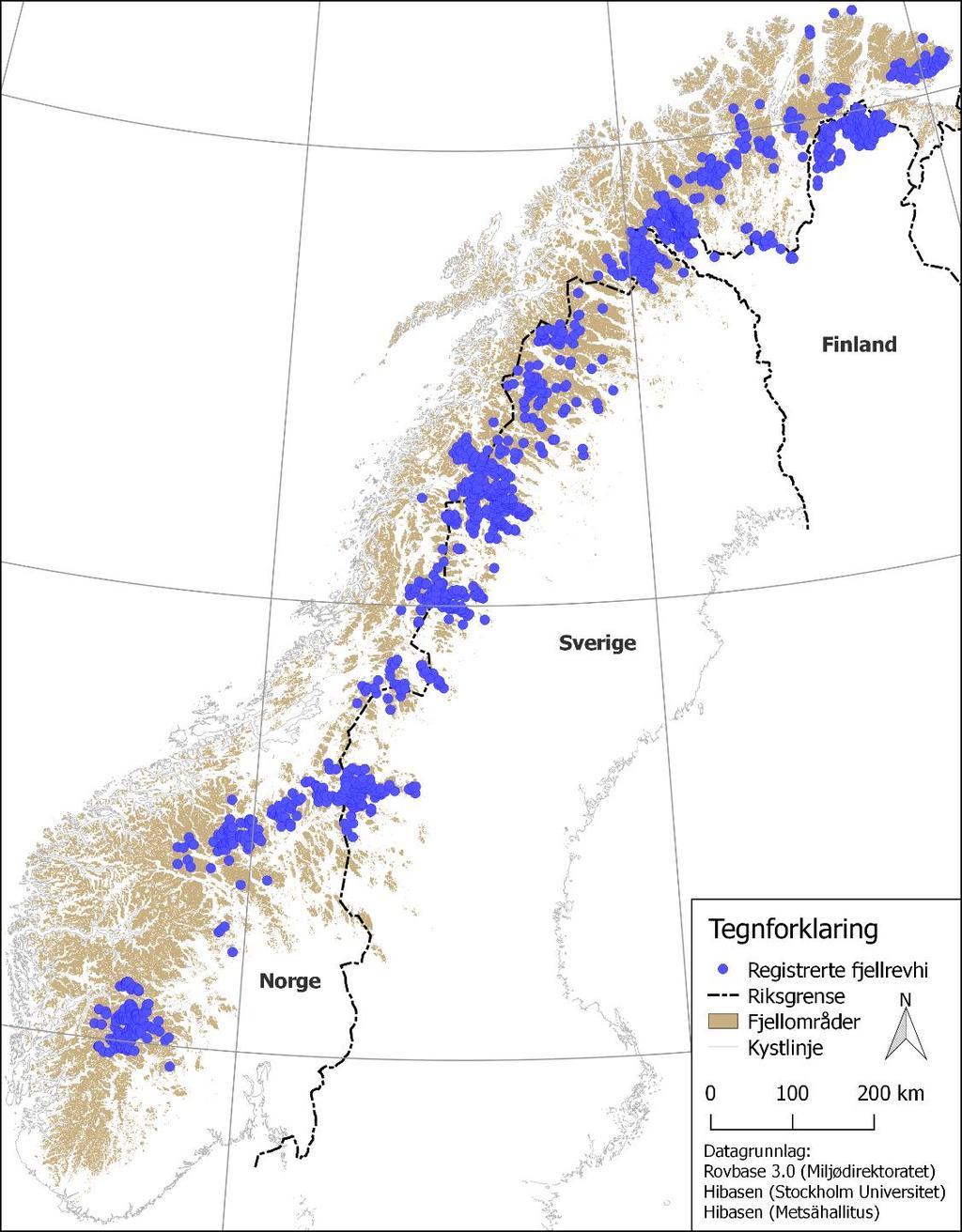 Figur 2. Forekomst av fjellrevhi i Norge, Sverige og Finland indikerer fjellrevens tidligere utbredelse. (Rovbase 3.0, Miljødirektoratet, 2016).