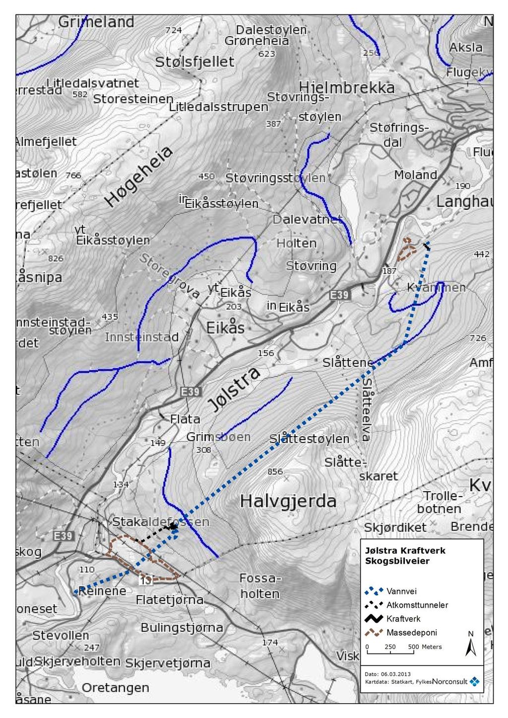 Figur 8. Kartet viser tiltaket i forhold til planlagte skogsbilveier.