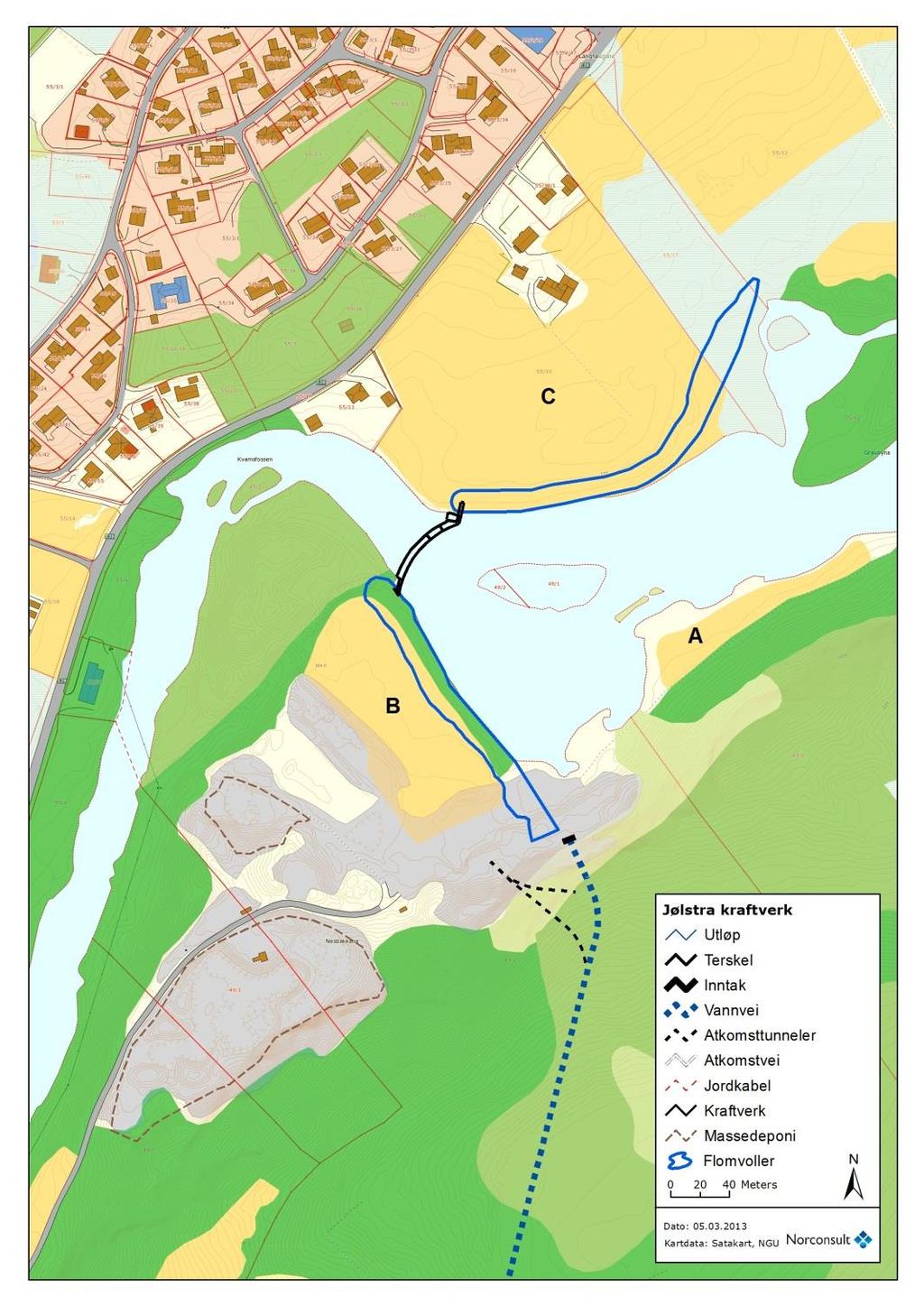 Figur 12. Kartet viser skog og jordbruksareal ved inntaket ti Jølstra Kraftverk.