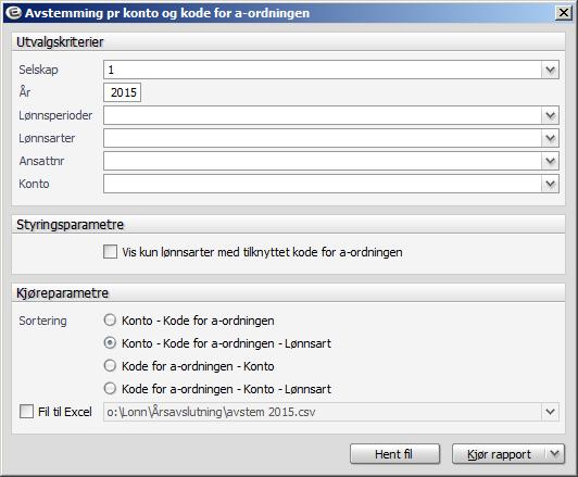 B.2 Kontroll etter lønnskjøring Kontroll av konto mot lønns-/trekkart kode Rapporter - Periodiske lønnsrapporter - Avstemming pr. konto og kode for a-ordningen Legg inn lønnsperiode.
