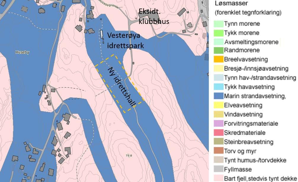 111138r1 08.07.2014 Side 5 Figur 3. Løsmassekart fra ngu.no. Undersøkt område og omtrentlig omriss av ny hall er markert.