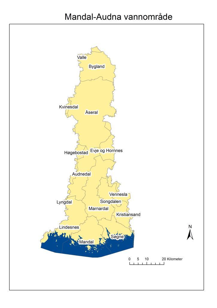 2. Om vannområdet Vannområdet er på til sammen 3310 km2 og omfatter de tre hovedvassdragene fra øst mot vest, Søgneelva, Mandalselva og Audna. Elvene er henholdsvis 30, 115 og 55 km lange.