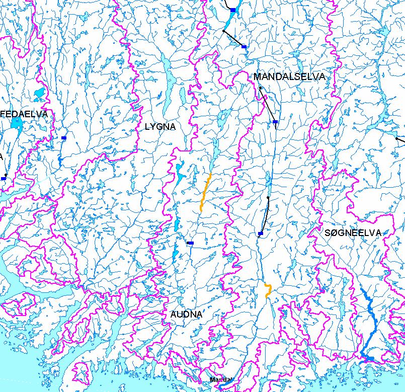 Mandalselva) eller blått (Søgneelva).