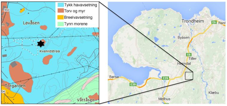 KAPITTEL 3. BESKRIVELSE AV FORSØKSPROSESSEN OG UTFØRTE FORSØK 3.2.1 Tiller Tiller-materialet er hentet den 23.08.13 fra Tiller, som ligger ca 10 km sør før Trondheim, se figur 3.3. NGUs lømassekart viser at Tiller ligger i et område med tykk havavsetning der kvikkleire er påvist (NGU, 2014).