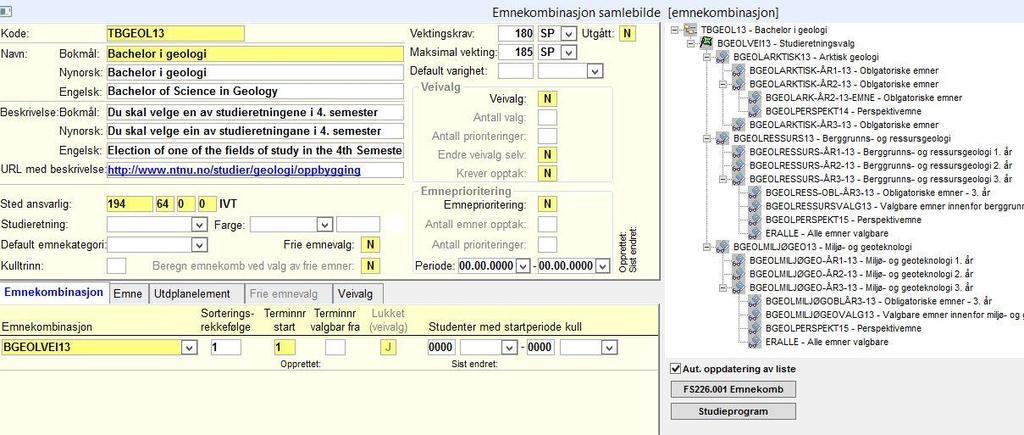 Emnekombinasjoner Toppkombinasjon Hva bør registreres der? Toppkombinasjonen knytter utdanningsplanen til studieprogrammet.