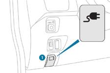 Praktisk informasjon F Trekk i spaken 1, plassert nederst på dashbordet på førersiden, for å åpne luken til kontakten for normal lading (høyre side av bilen).
