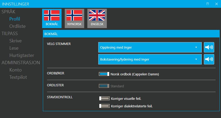 24 8 Textpilot 3 Innstillinger i Textpilot I vinduet for tilpasninger i Textpilot finnes det en meny til venstre.