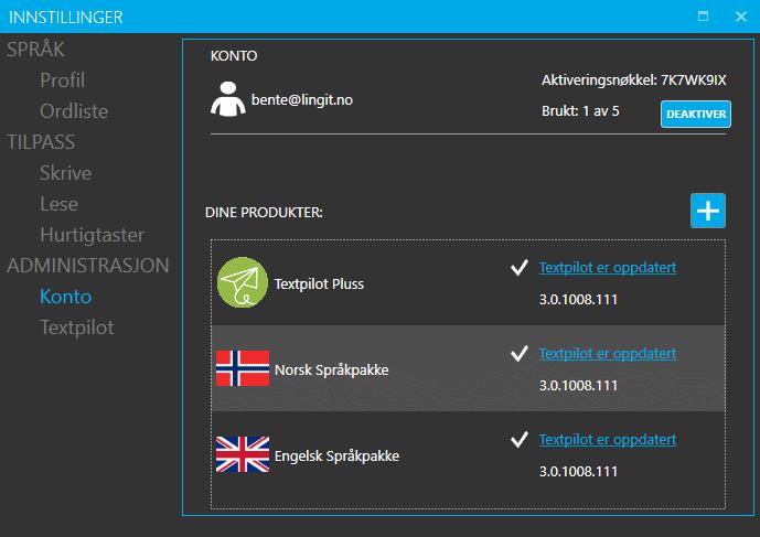 32 8.3.1 Textpilot 3 Konto Her vil man se sin brukerkonto for Textpilot. Her vises aktiveringsnøkkelen for Textpilot og antall ganger man har brukt den.