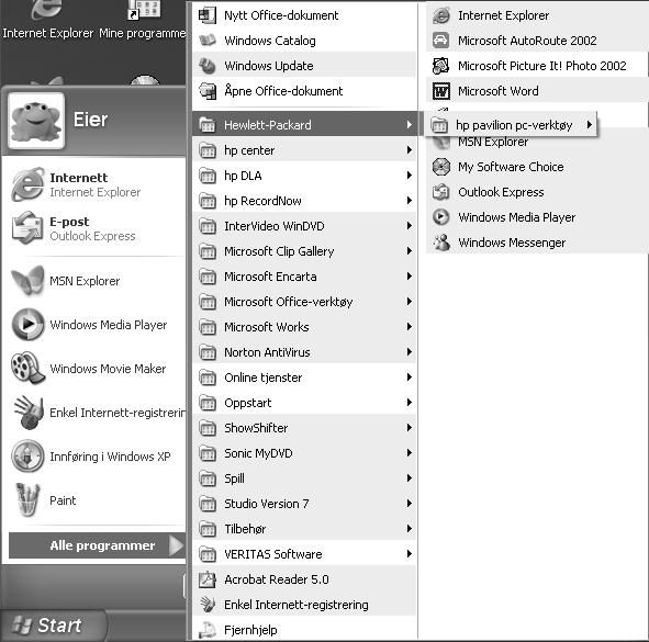 Alle programmer Klikk på Start, og velg deretter Alle programmer for å finne alle programmene på PCen.